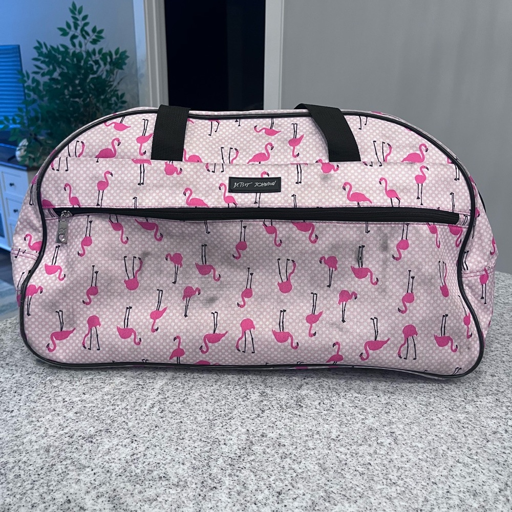 Betsy Johnson Pink Flamingo Rolling Travel Weekender Bag - Picture 2 of 10